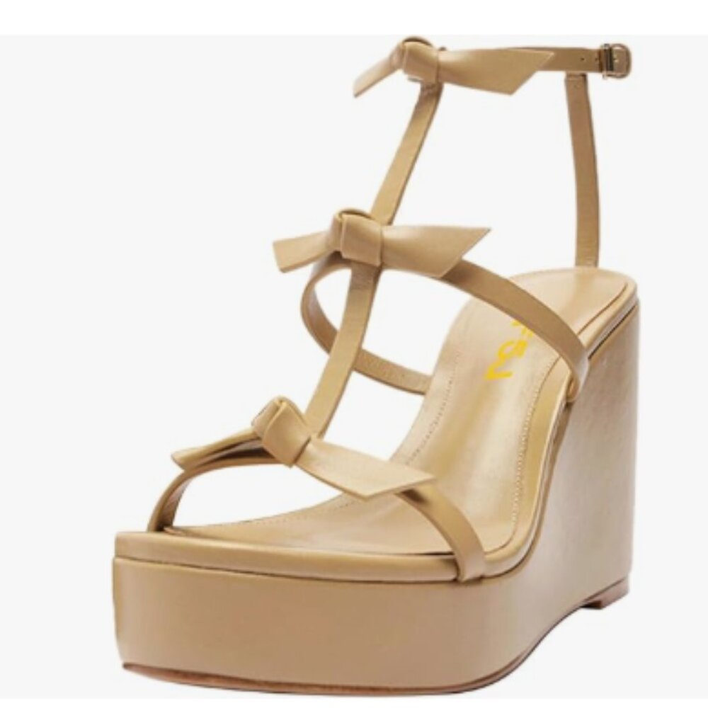 FSJ Wheat High Heels Platform Wedge Heel Open Toe Gladiator T Strap Bow Sandals